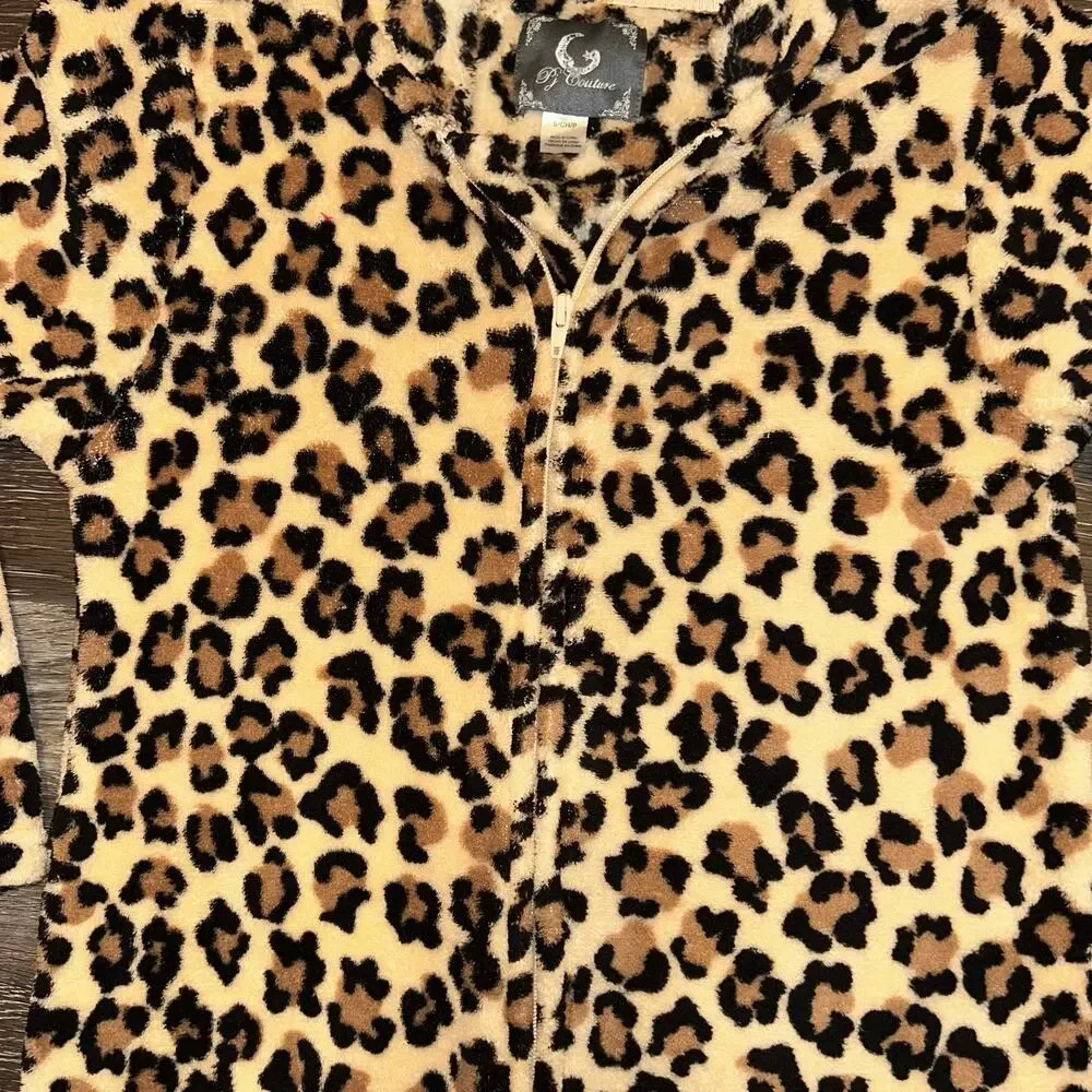 PJ Couture Women’s Pajamas Size Small One Piece Leopard Print Hood w/Ears